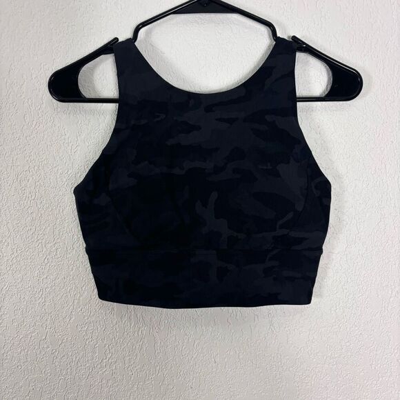 Lululemon Black & Grey Camo High Neckline Cutout Back Sports Bra Size 6 - Picture 1 of 5